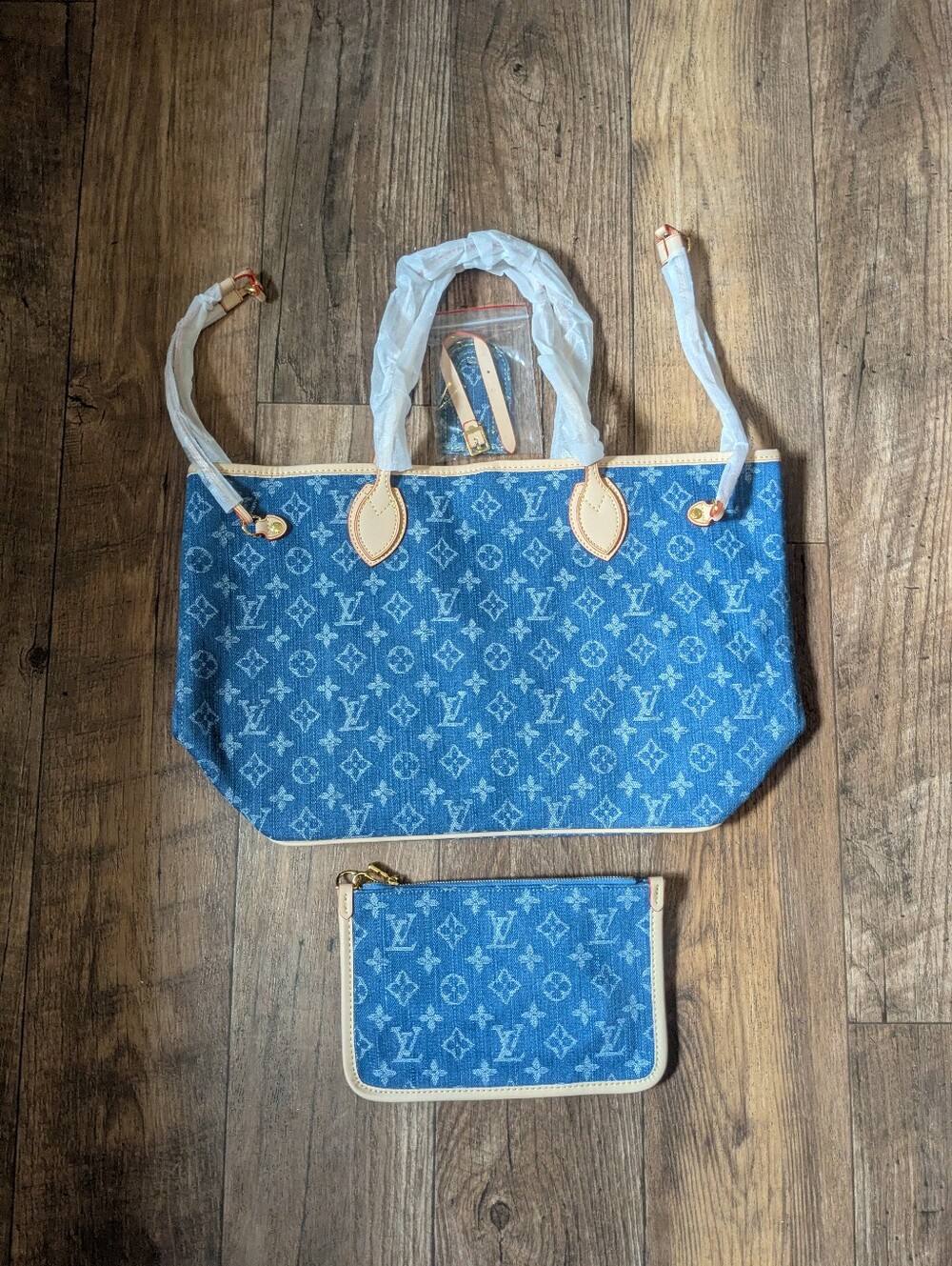 Blue Monogram Denim Jean Tote Bag Purse with Matching Wristlet Pouch 3 Piece Set - Picture 16 of 16